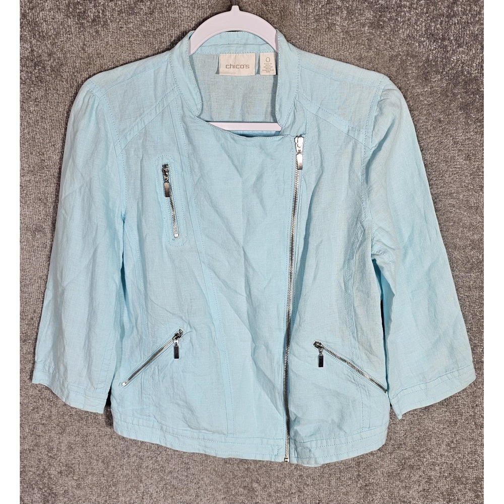 Chicos Linen Asymmetrical Zipper Pocket Moto Jacket Womens Size 0 US Sz 4 Blue